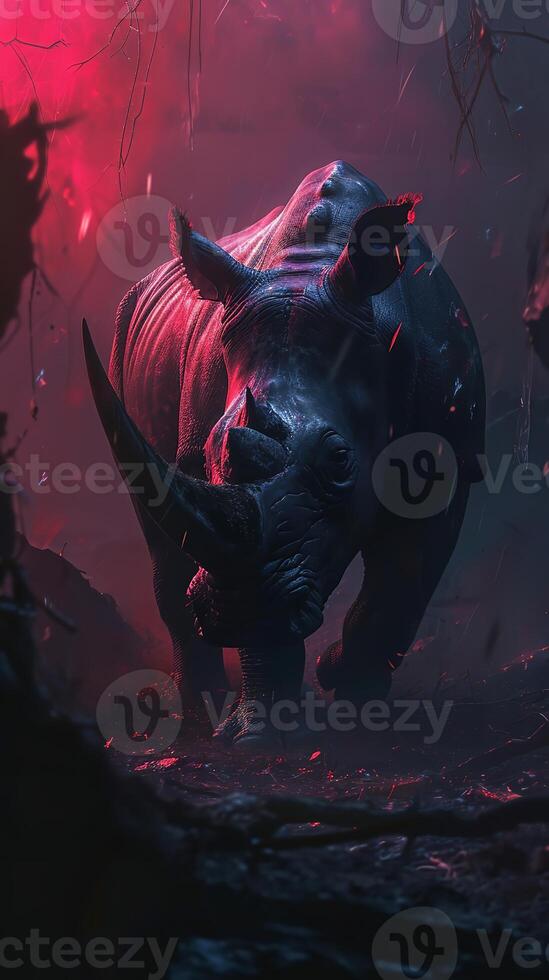 AI generated A rhino emerges amidst a mystical red fog, surrounded by the eerie silence of a dark, enigmatic forest photo