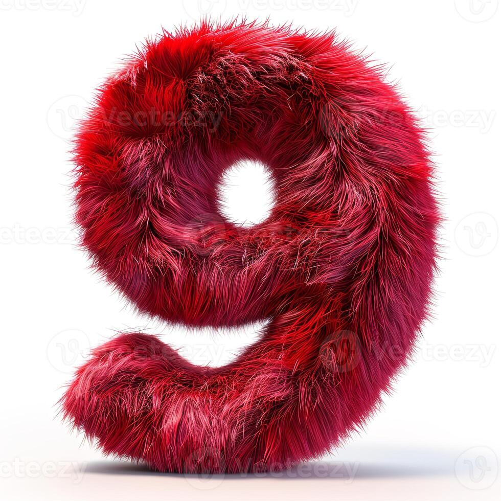 AI generated A bold, fluffy number 9 in vivid red fur stands out, showcasing intricate textures and a soft appearance against a clean white backdrop. photo