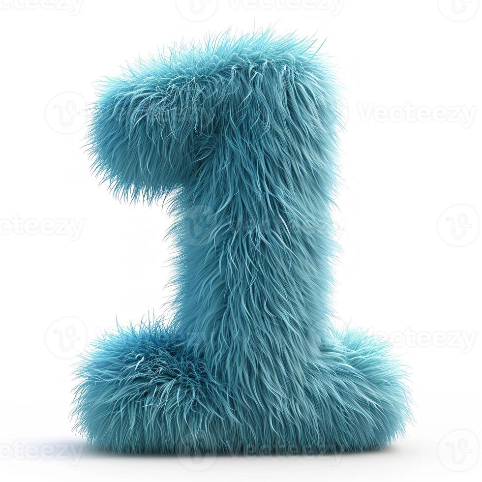 AI generated A vibrant blue, furry textured number one stands isolated against a pristine white backdrop, showcasing a soft, plush appearance. photo