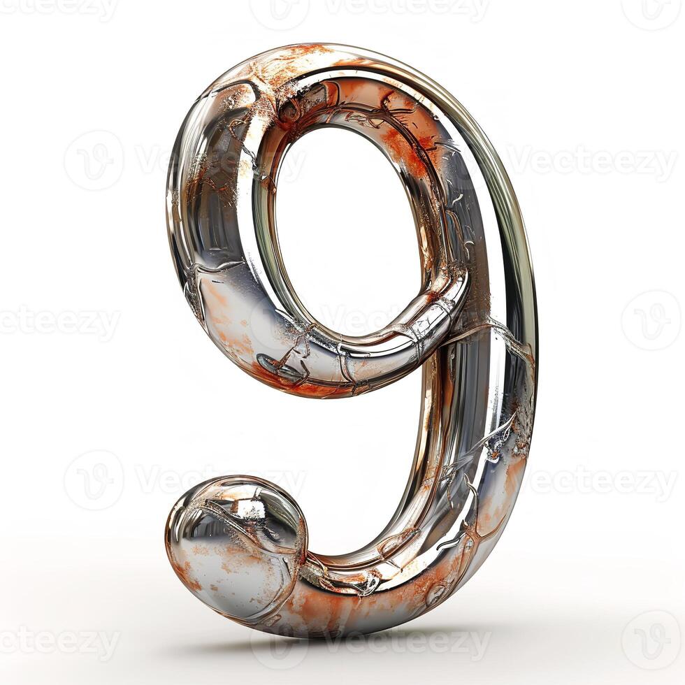 AI generated A 3D metallic number 9 with a mix of clean, shiny surfaces and areas of rust, isolated on a white background. photo