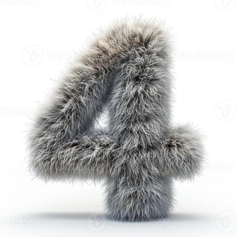 AI generated A unique image showcasing a number four covered in thick, gray fur against a pristine white backdrop. photo