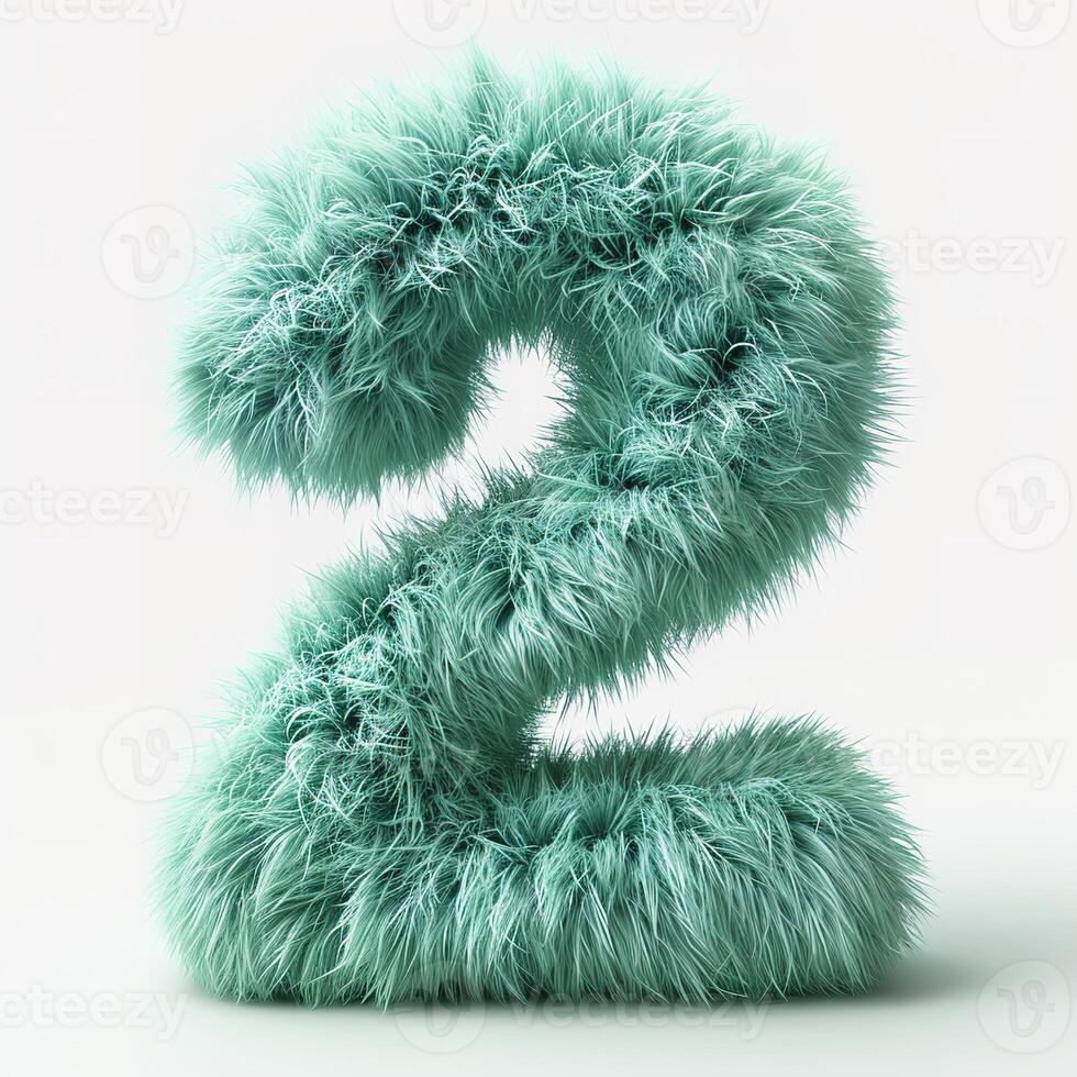 AI generated A vibrant green, furry textured number two. It appears soft and fluffy, prominently displayed against a clean white backdrop photo