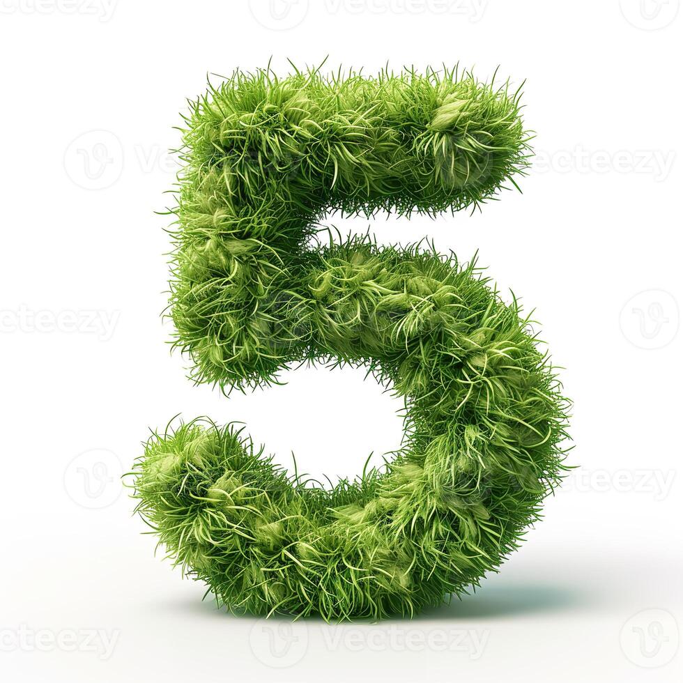 AI generated A unique number 5 covered in bright green grass, showcasing a vivid and lush texture, beautifully isolated against a clean white backdrop. photo