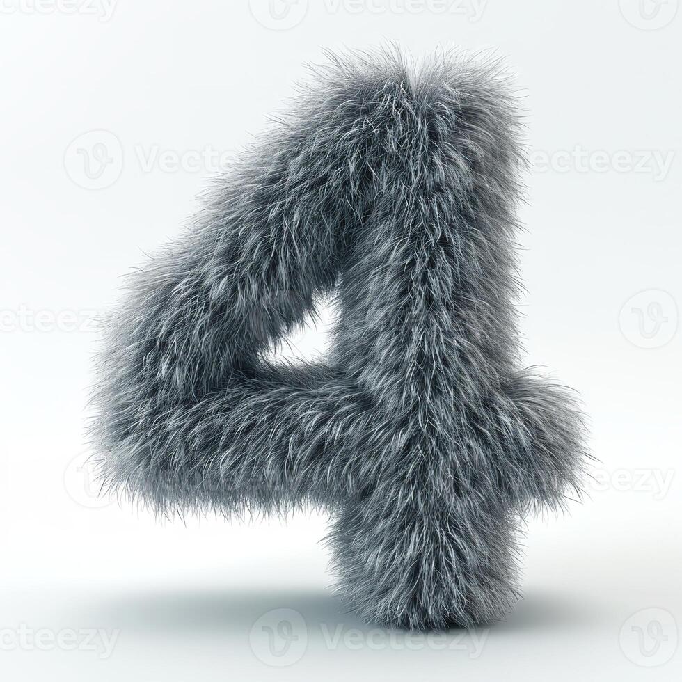 AI generated a furry number 4 with a soft, grey fur covering it. The fur appears fluffy with varying lengths and textures. The number is set against a clean photo