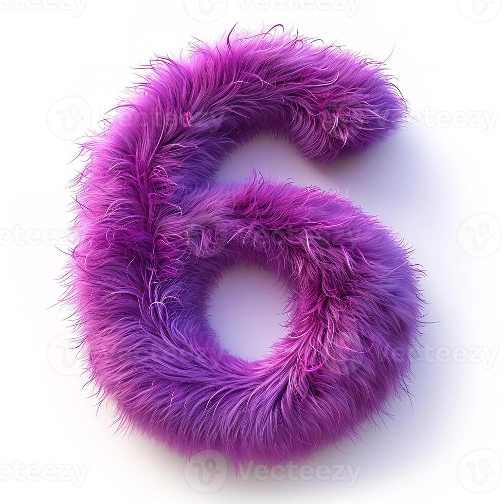 AI generated A striking image showcasing a number six, adorned with lush, vibrant purple fur against a pristine white background. photo