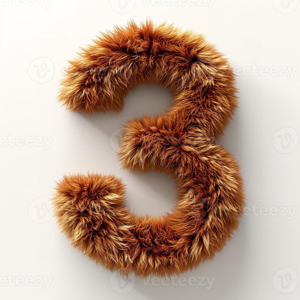 AI generated A unique image showcasing a number three covered in a dense, brown, furry texture against a pristine white backdrop. photo