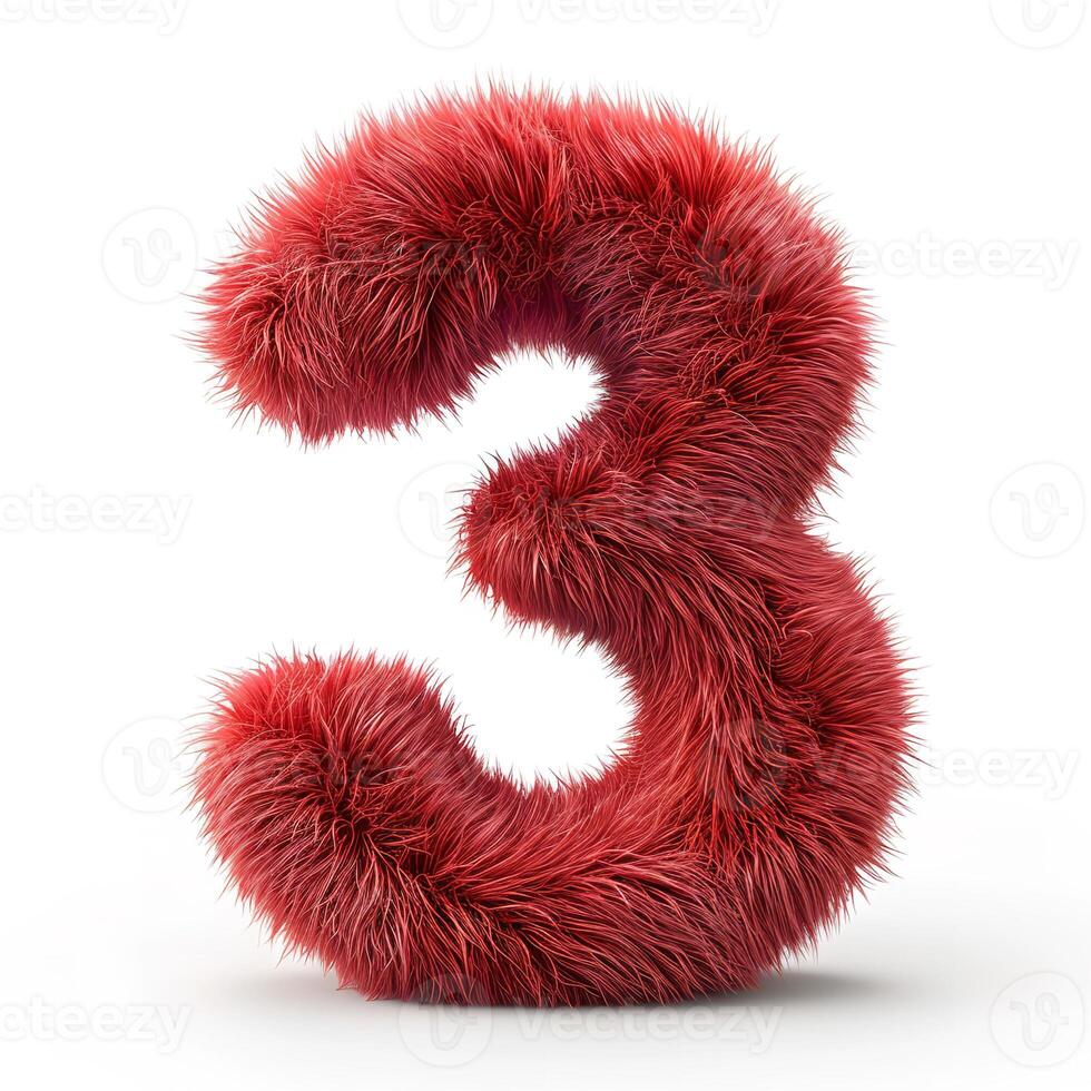 AI generated A vibrant, fuzzy, red number three displayed prominently against a stark white backdrop. photo