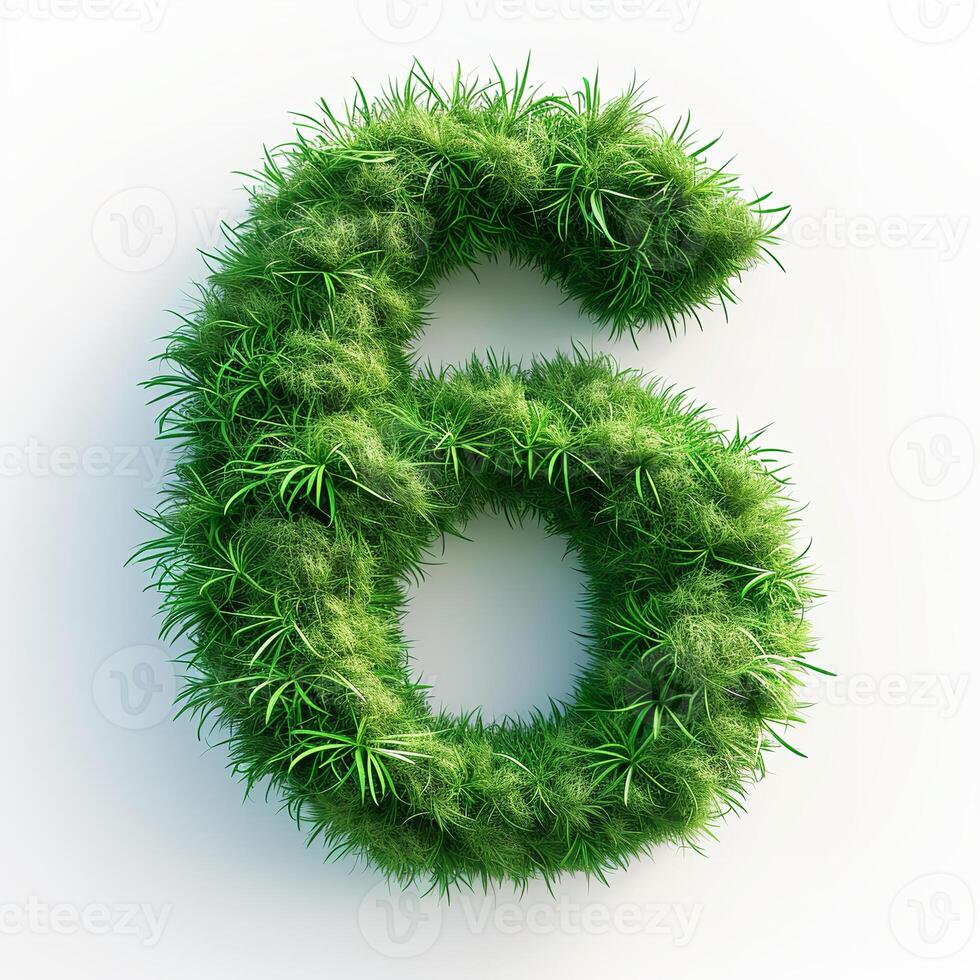 AI generated A vivid green, grass-covered number six displayed prominently against a pristine white backdrop, showcasing nature's touch on numerical symbolism. photo