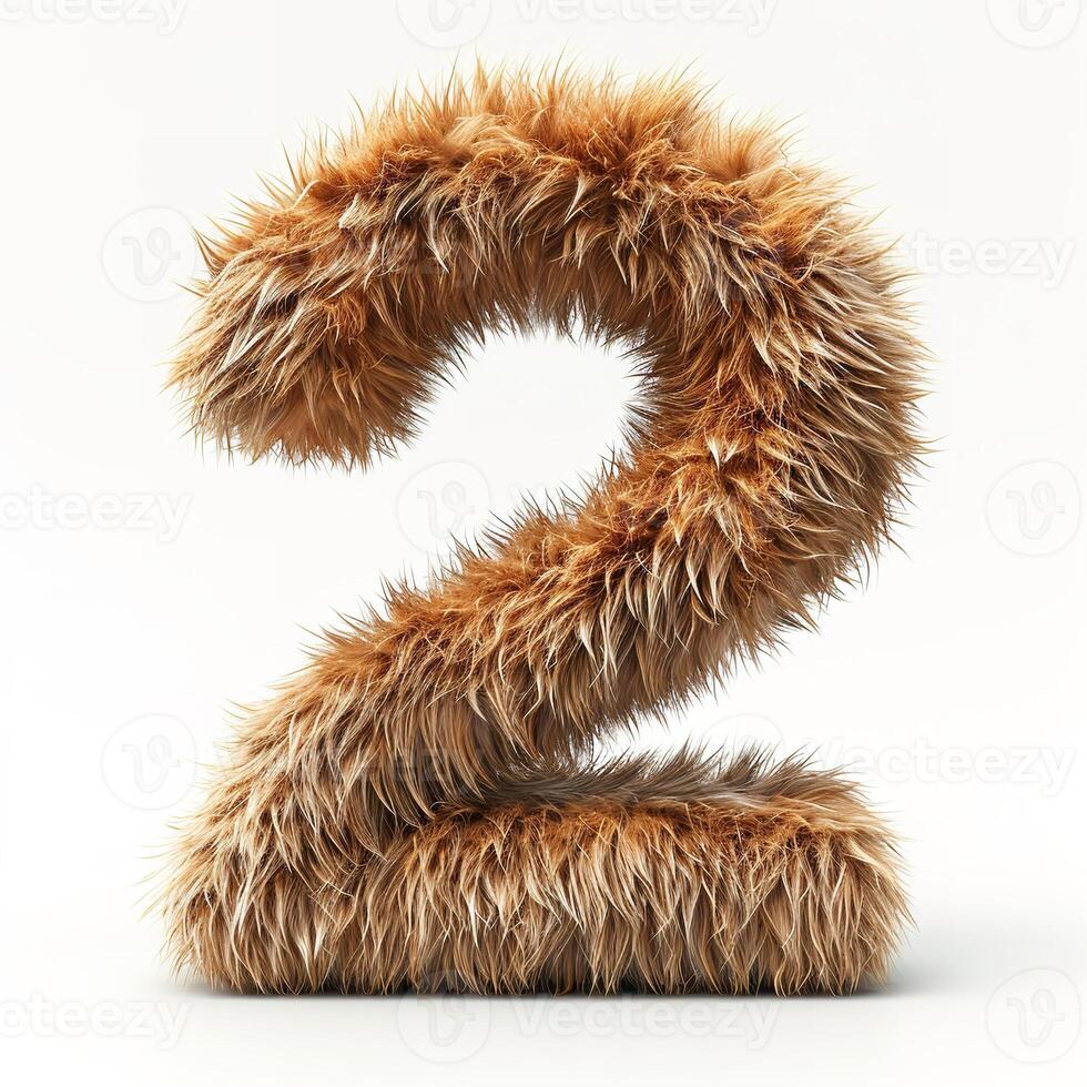 AI generated Unique digit two covered in fluffy, brown fur against a pristine white backdrop, showcasing texture. photo