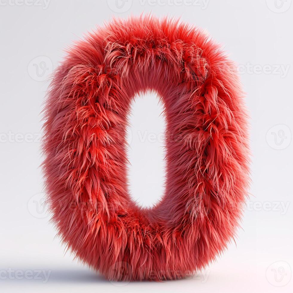 AI generated A bold zero covered in vibrant red fur stands out against a soft white backdrop, showcasing intricate texture details. photo