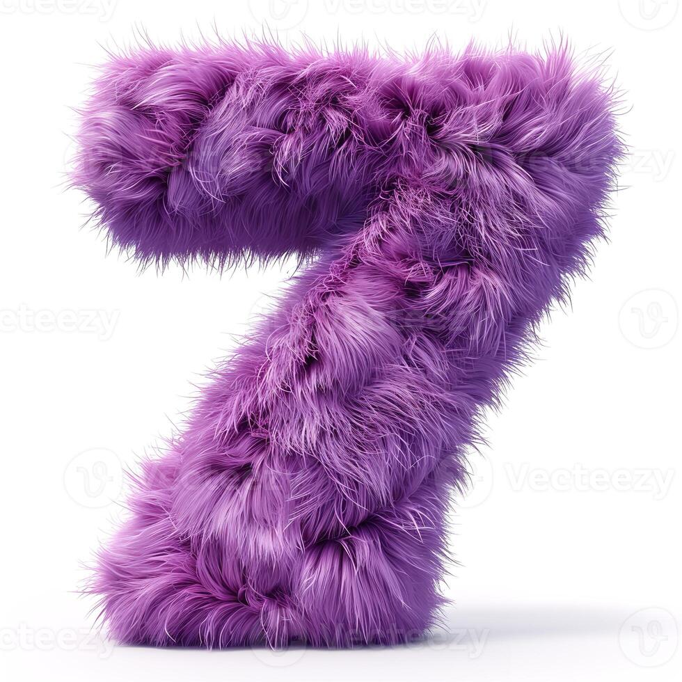 AI generated a vibrant purple, furry number seven that is both visually striking and tactile. The fur has different shades of purple and appears soft with visible fur strands photo