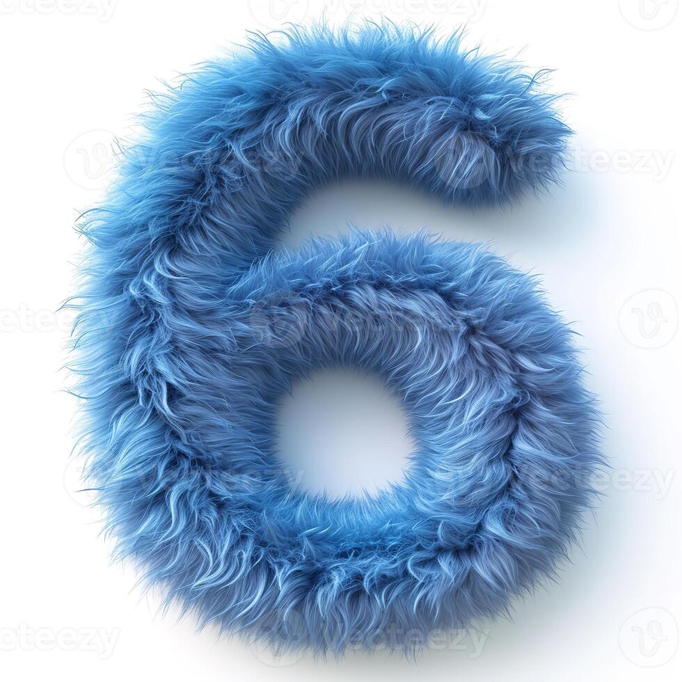 AI generated A vivid blue, furry textured number six displayed prominently against a clean, white backdrop. photo