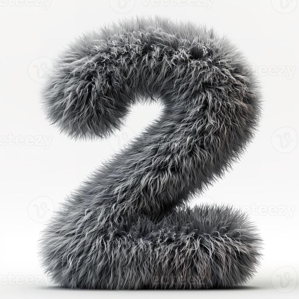 AI generated A unique image showcasing a number two covered in grey fur, creating a soft texture contrasted by a white backdrop photo