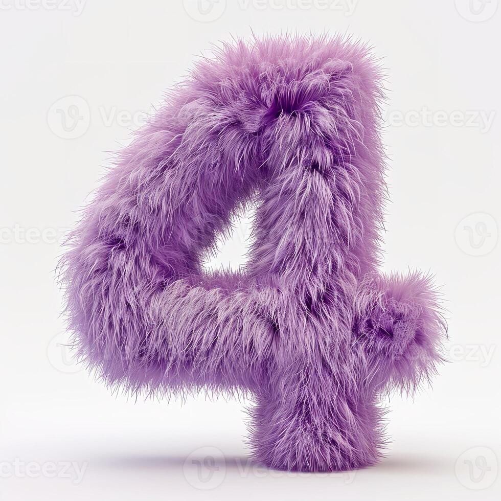 AI generated A number four covered in vibrant purple fur, standing against a stark white backdrop, showcasing contrast. photo