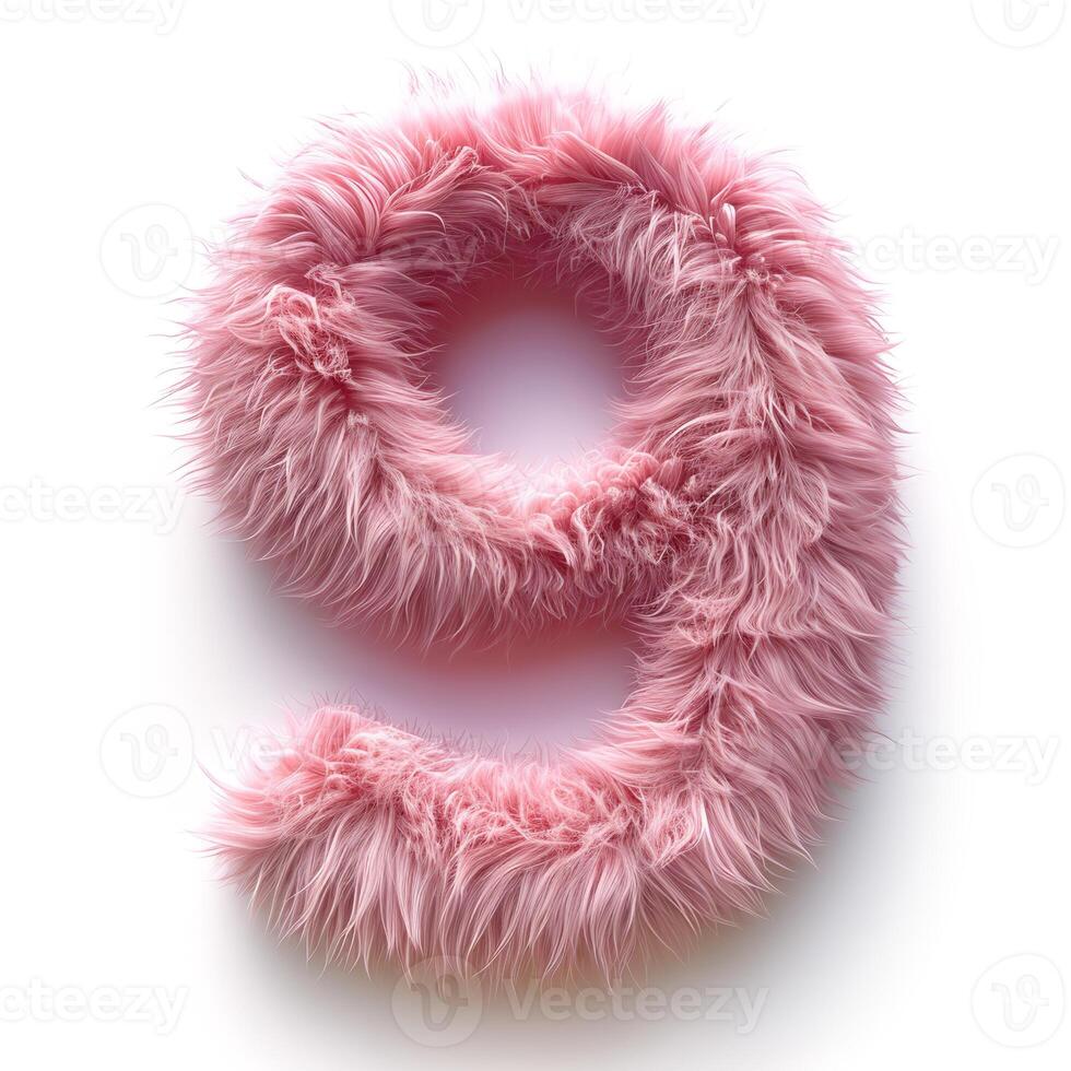 AI generated a large, furry pink number 9 that is depicted in a bold font and is isolated against a clean white background. photo
