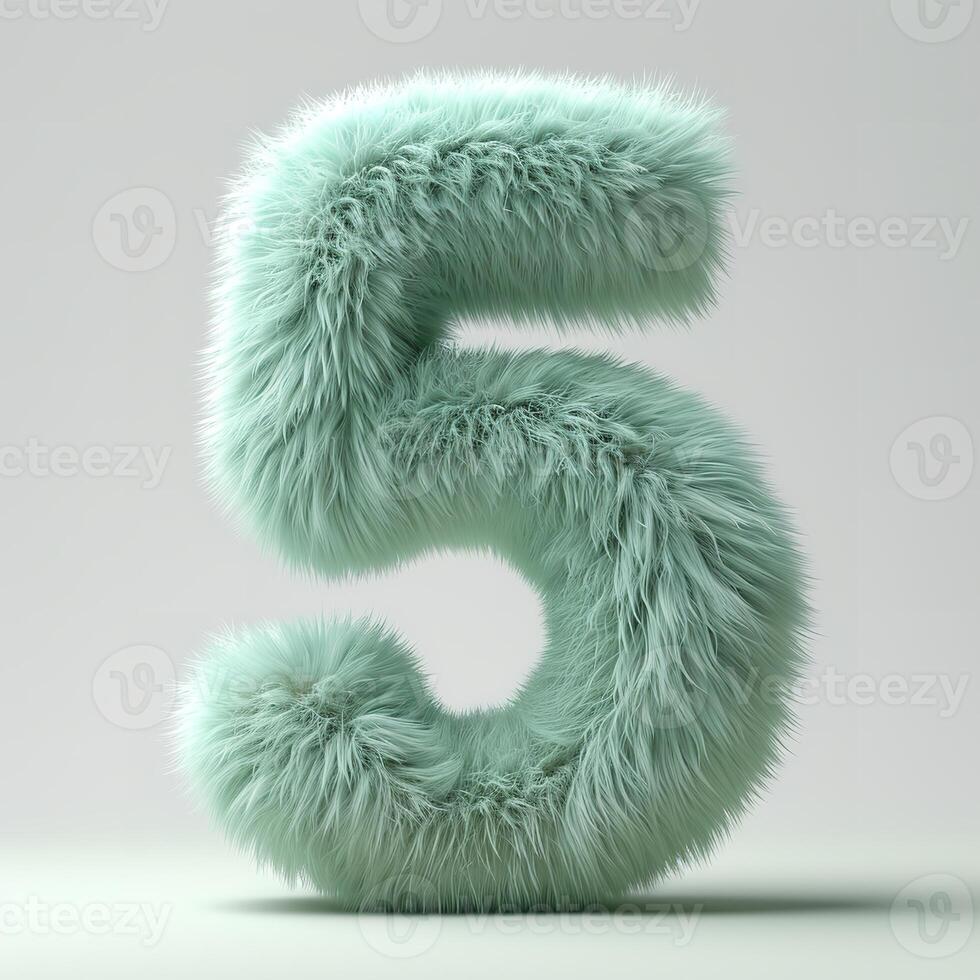 AI generated A visually striking image showcasing a fluffy, green, textured number five a unique combination of numerals and tactile sensation. photo