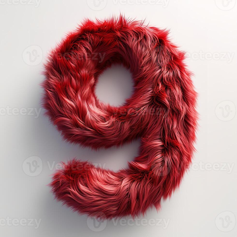 AI generated A striking image showcasing the number 9, crafted from a vibrant, lush, red fur texture against a pristine white backdrop. photo