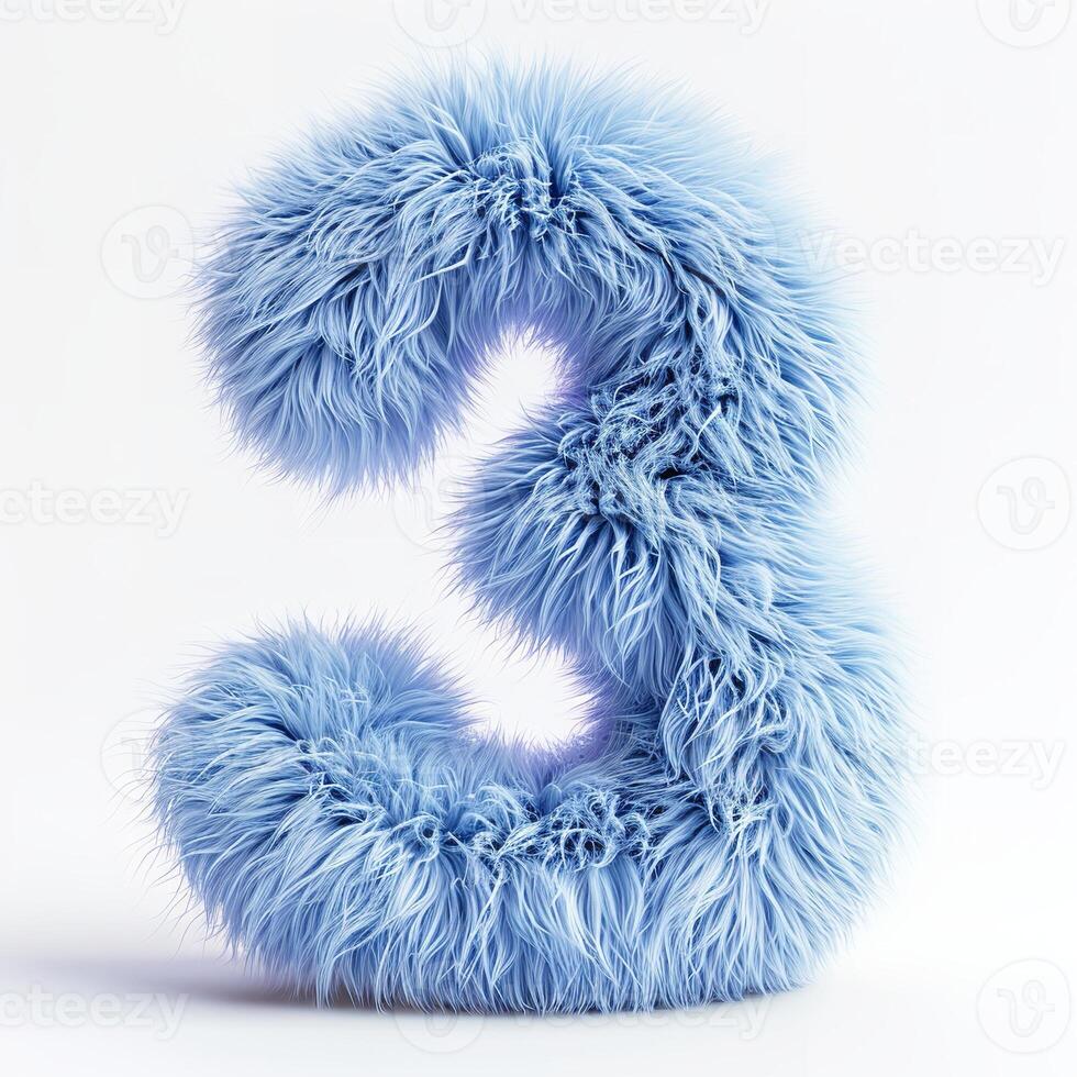 AI generated a furry, blue number three that is soft to the touch and intricately detailed. The number three is made of a bright blue furry photo