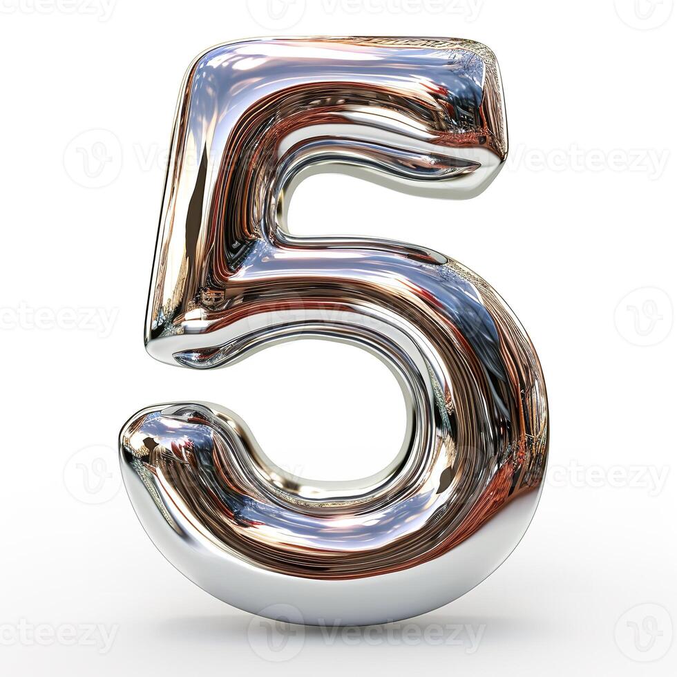 AI generated A shiny, metallic number 5 with a highly reflective surface stands out against a pristine white backdrop. photo