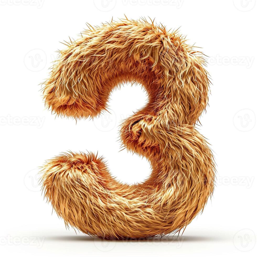 AI generated Unique digit three with a realistic furry texture, golden hue, displayed prominently against a clean, white backdrop. photo