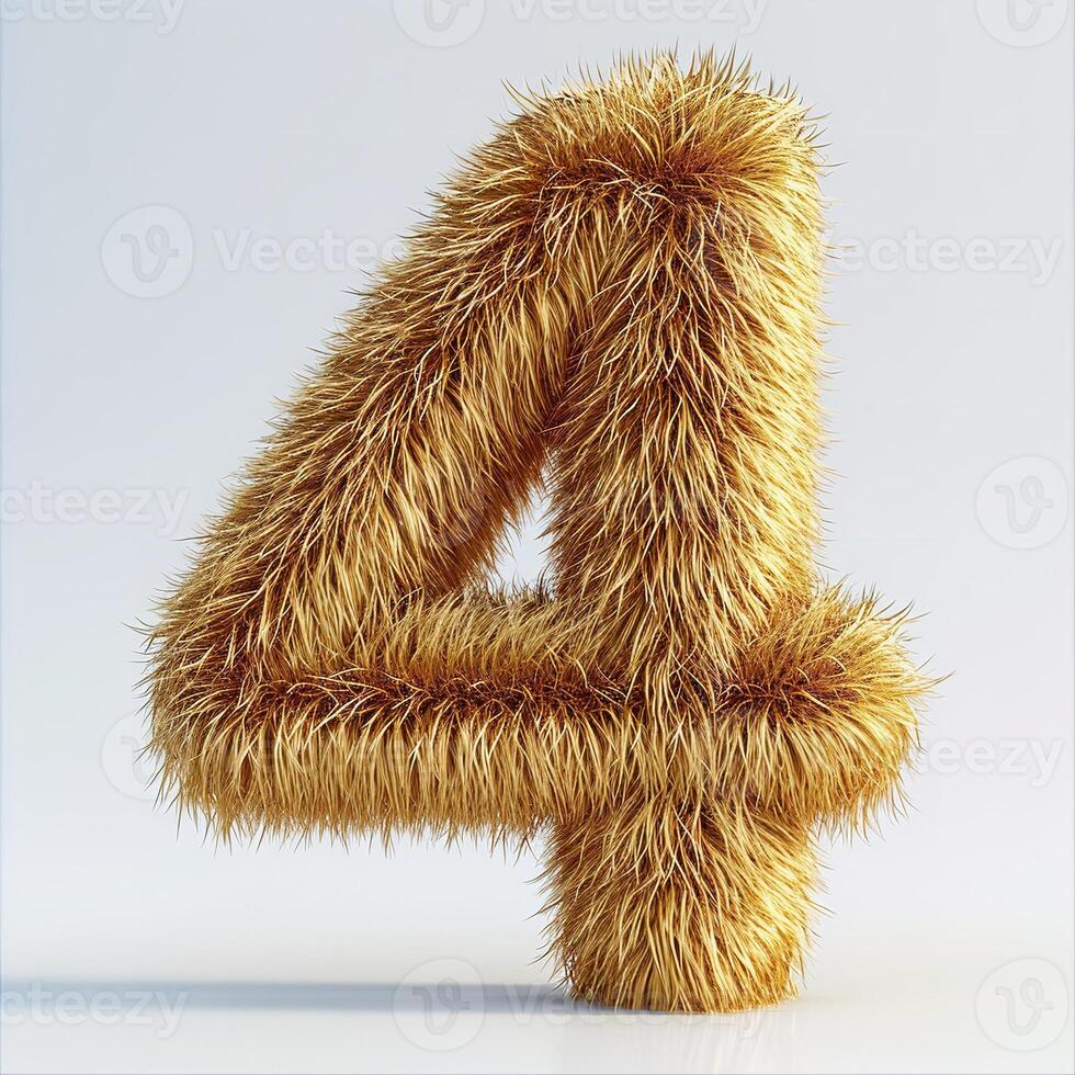 AI generated A unique depiction of the number 4 covered in a golden, furry texture that stands out vividly against a calm and serene pale background. photo