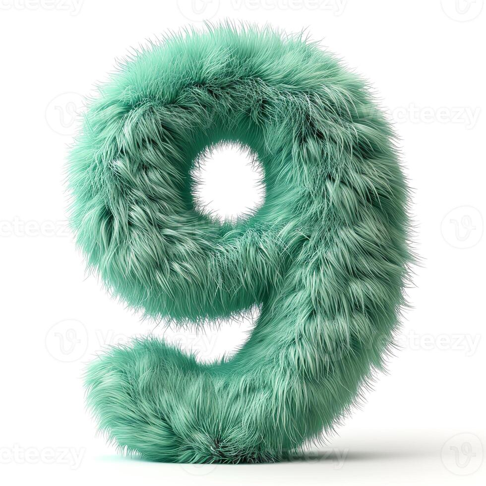 AI generated A vibrant green, furry textured number nine. It's isolated against a clean, white backdrop, showcasing its plushness and vivid color. photo