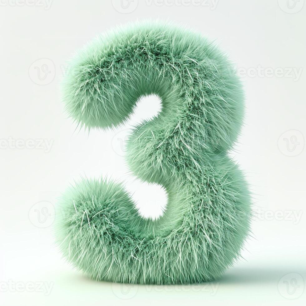 AI generated a digit three covered in a soft, green fur. The fur appears fluffy with varying shades of green that give it depth and dimension photo