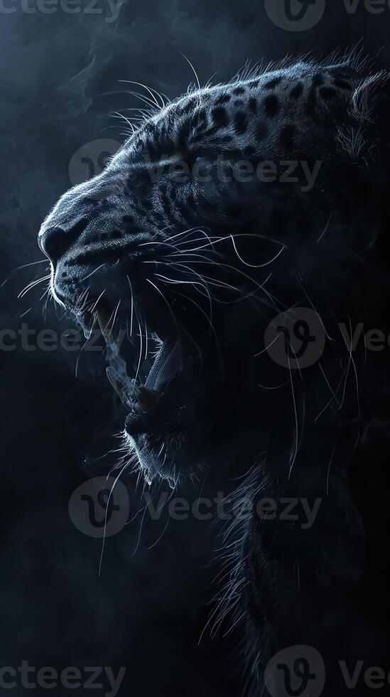 AI generated A stunning leopard captured in a dark setting, its features illuminated to showcase its majestic presence and intricate details. photo