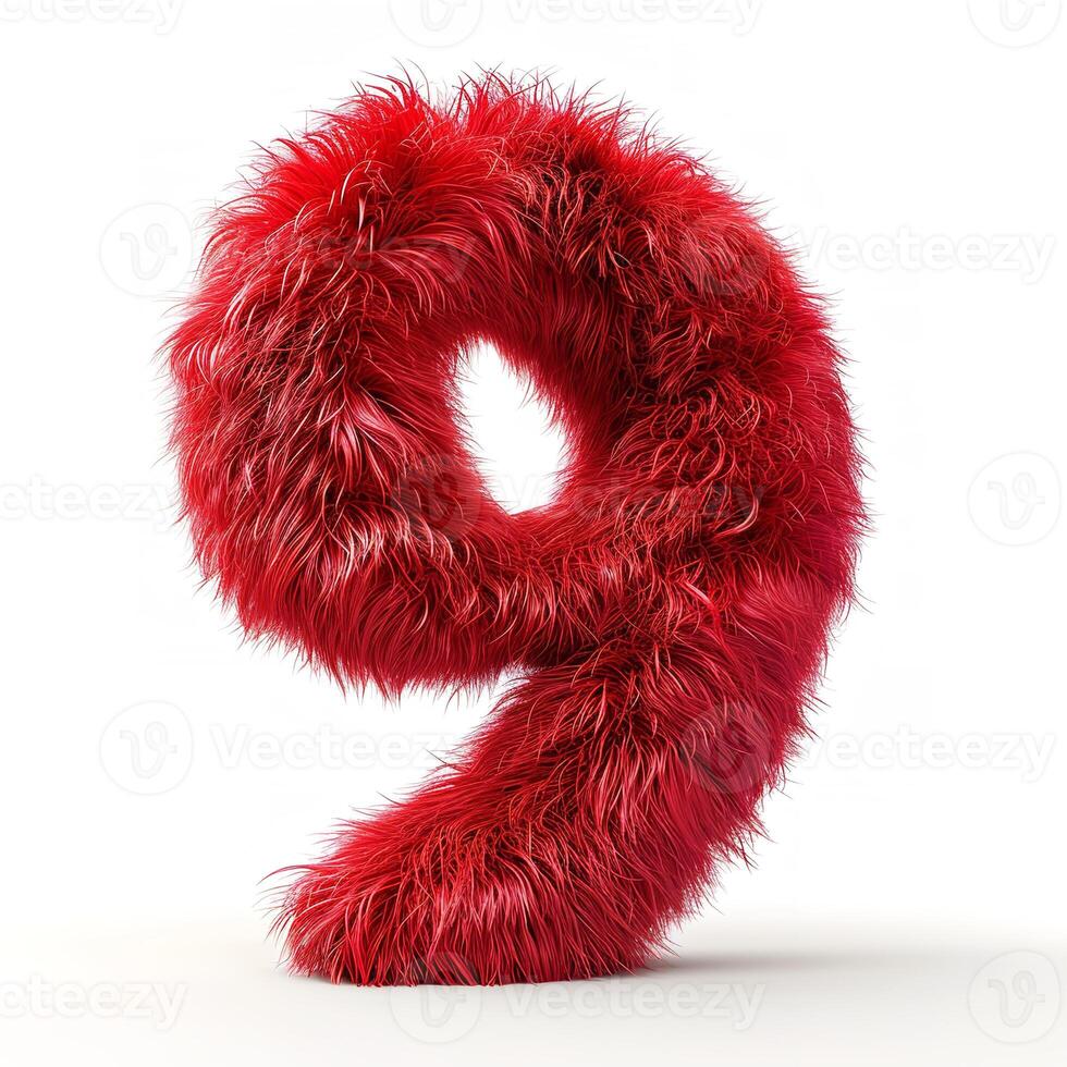 AI generated A bold red, furry number nine stands out against a pristine white backdrop, showcasing intricate texture details. photo