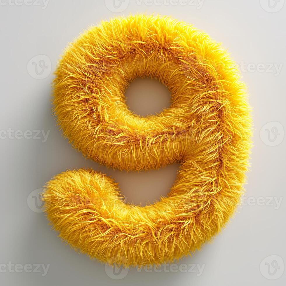 AI generated Vibrant yellow, fuzzy textured number 9 displayed prominently against a smooth, neutral grey backdrop photo