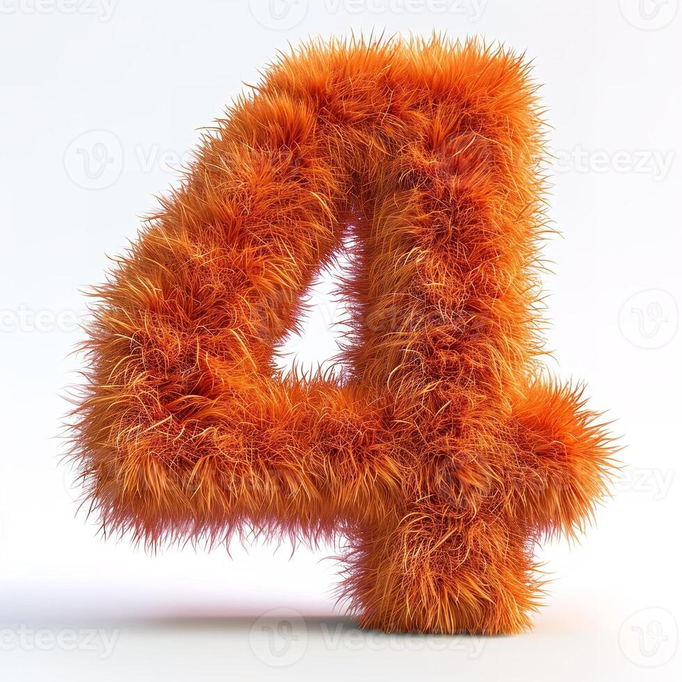 AI generated Vibrant orange, fuzzy texture number 4. Soft fibers, isolated on a clean white background photo