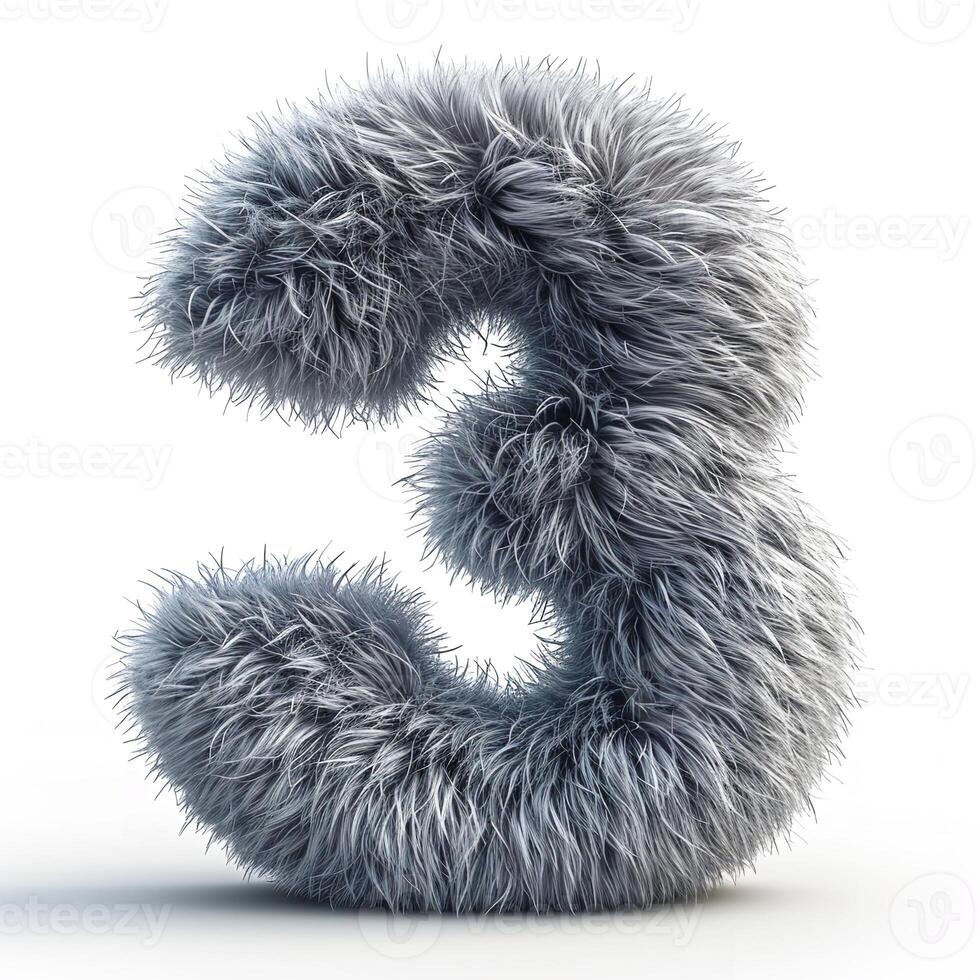 AI generated A unique image showcasing a number three covered in grey fur, standing out vividly against a pure white backdrop. photo