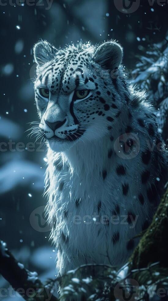 AI generated Majestic snow leopard with piercing eyes sits gracefully on a tree branch, surrounded by a serene snowy landscape. photo