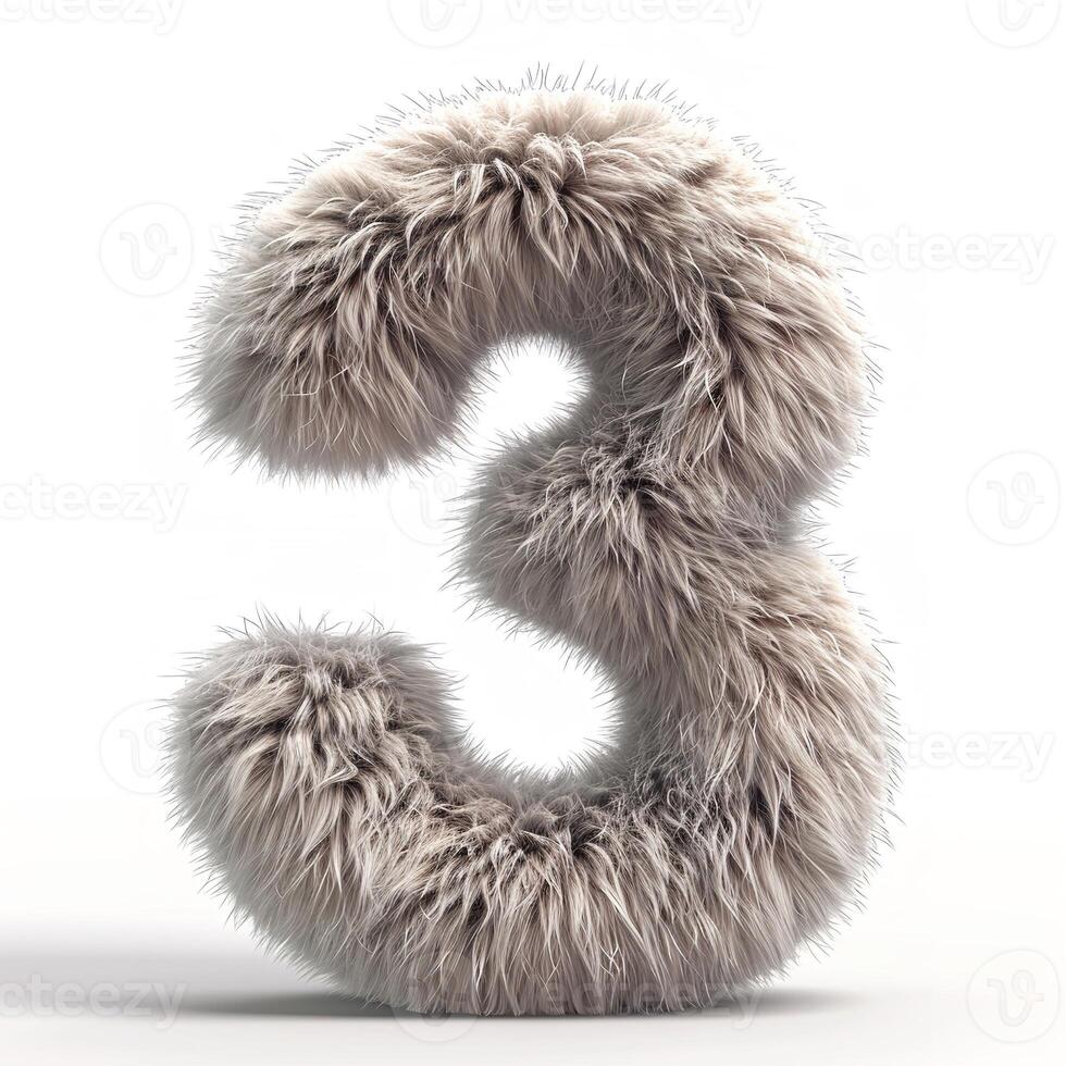 AI generated Unique digit three covered in soft grey fur, isolated against a pristine white backdrop, showcasing intricate texture details. photo