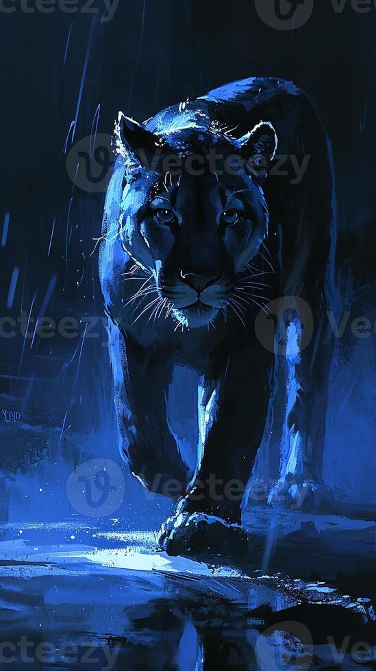 AI generated A vivid portrayal of a panther, captured mid-stride under the rain. The blue tones highlight the animal's grace amidst nature untamed elements. photo