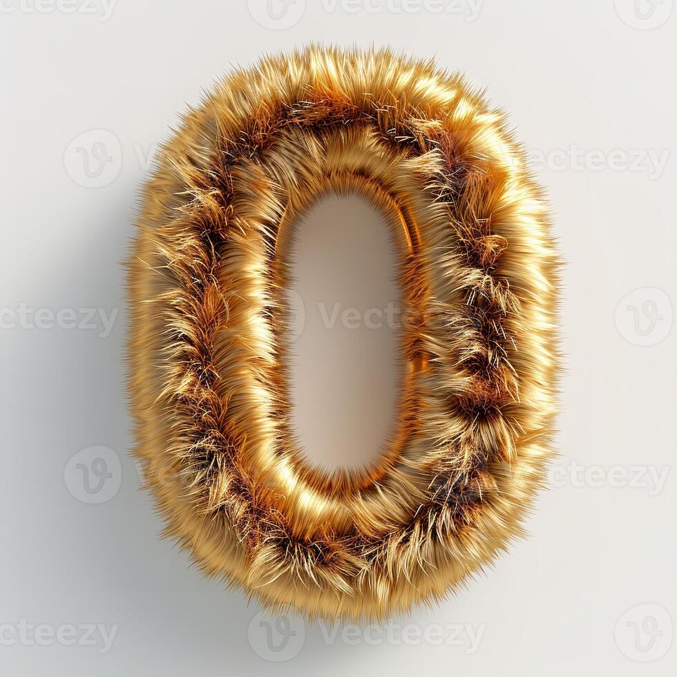AI generated A golden, furry textured number zero displayed prominently against a soft white backdrop. Artistic and visually striking. photo