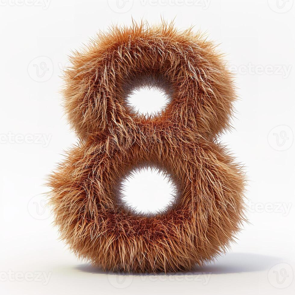 AI generated Unique image of a number eight covered in dense brown fur, standing out against a pure white backdrop. photo