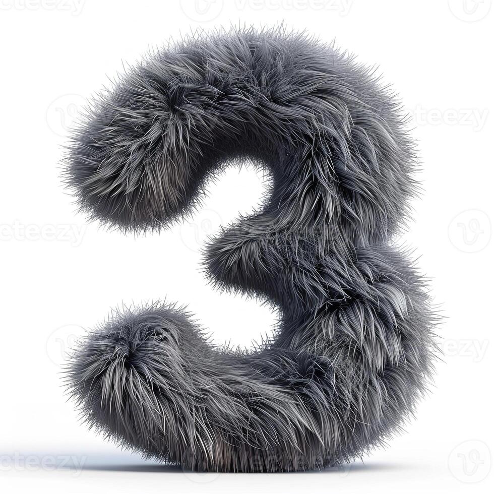 AI generated A unique digit three covered in soft, grey fur. It stands alone against a pristine white backdrop, showcasing intricate textural details. photo