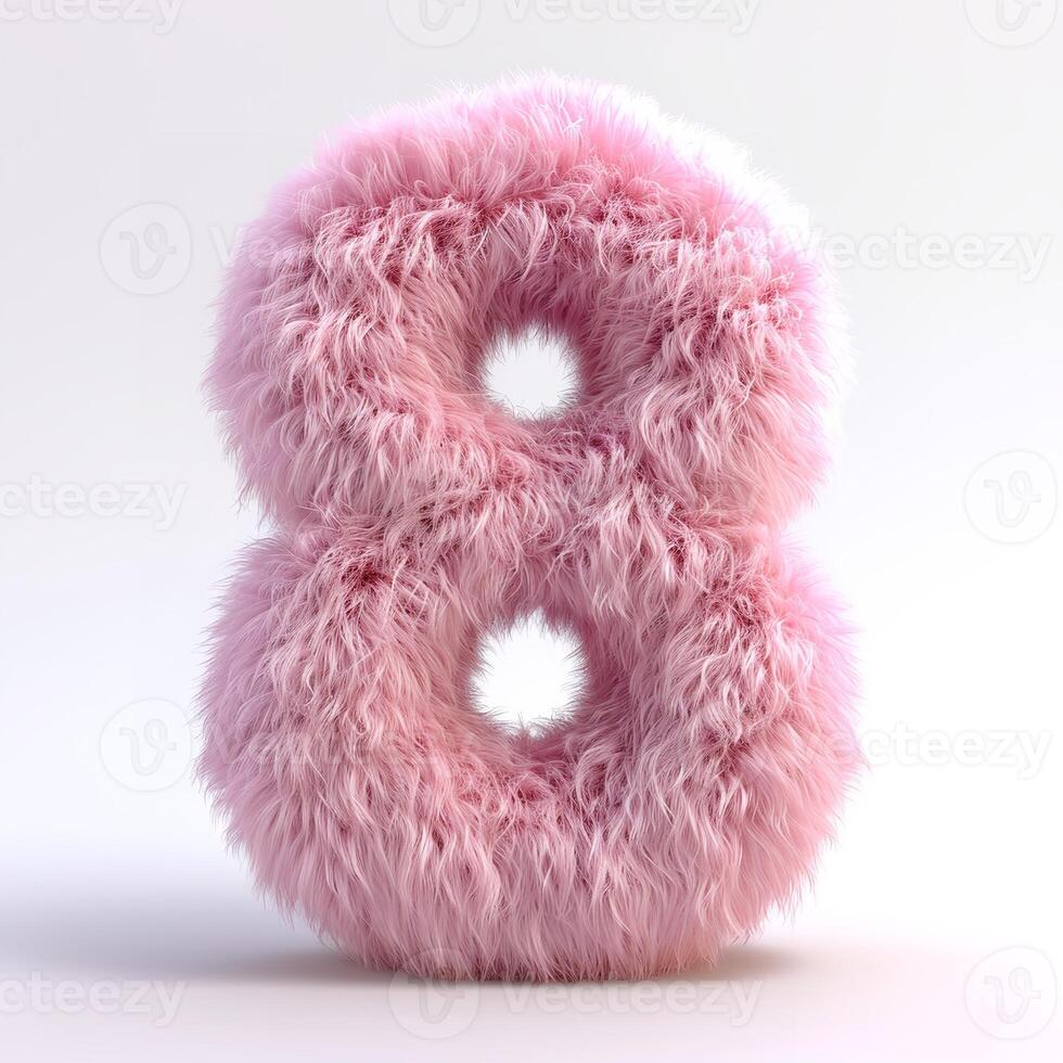 AI generated A vivid, soft, pink fluffy number 8 stands out against a pristine white backdrop, showcasing intricate texture details. photo