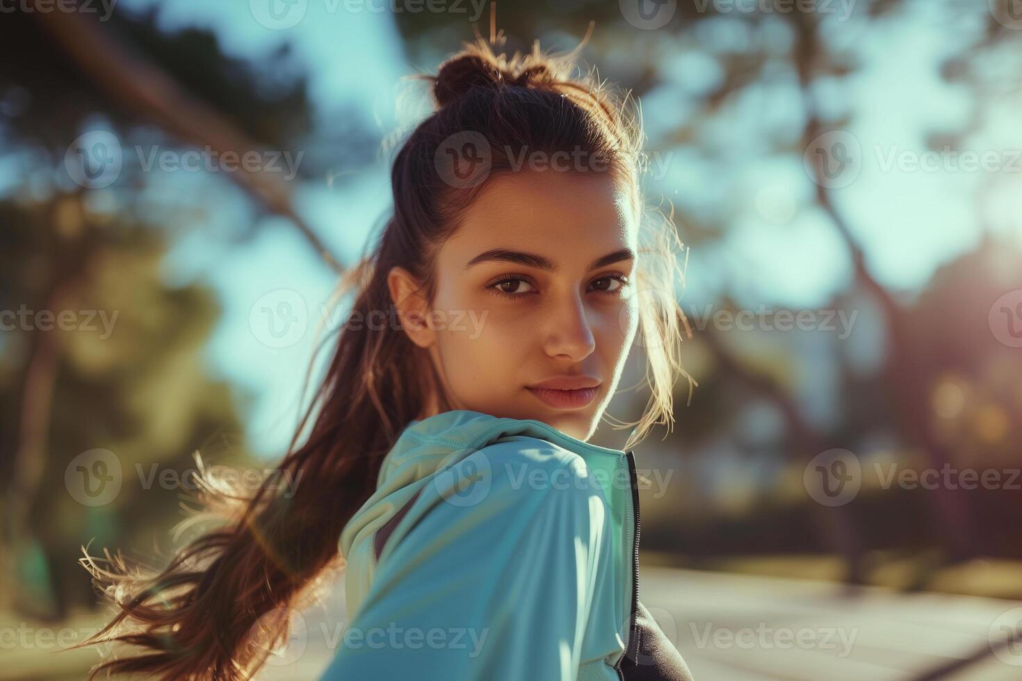 AI generated a lady in sportswear from morning stretches to outdoor runs photo
