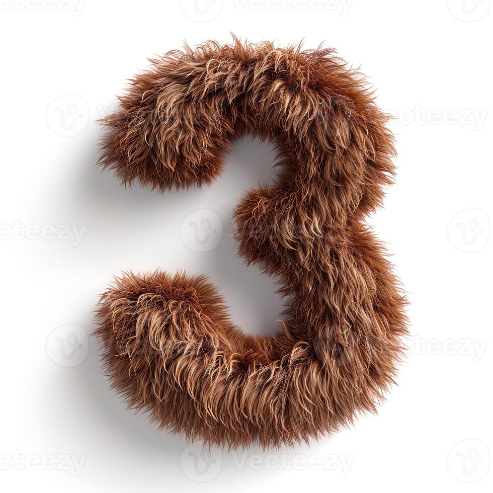 AI generated Unique image showcasing a digit three covered in realistic brown fur texture, isolated on a clean white backdrop. photo