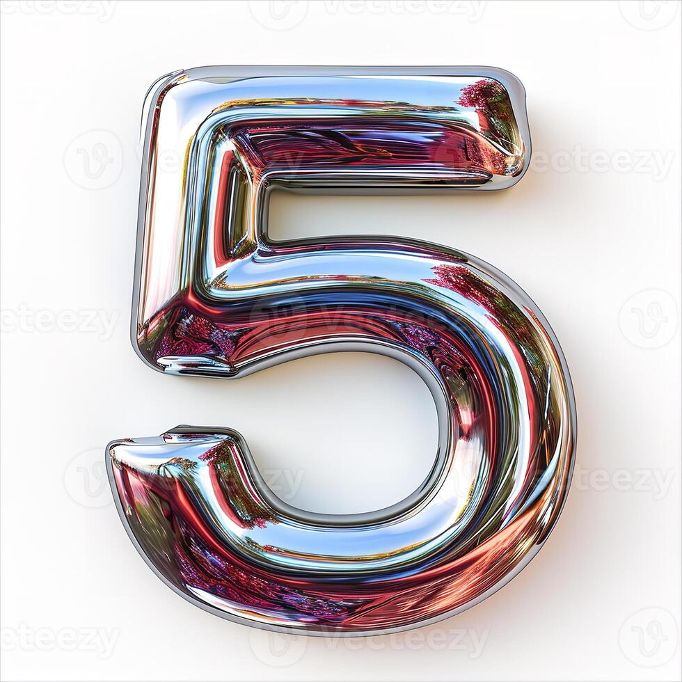 AI generated A shiny, metallic number five with a reflective surface displaying a spectrum of colors sits against a pristine white backdrop. photo