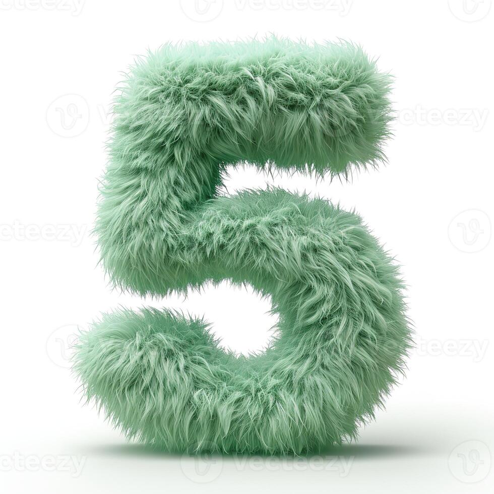 AI generated A visually striking image showcasing a fluffy, green, textured number five a unique combination of numerals and tactile sensation. photo