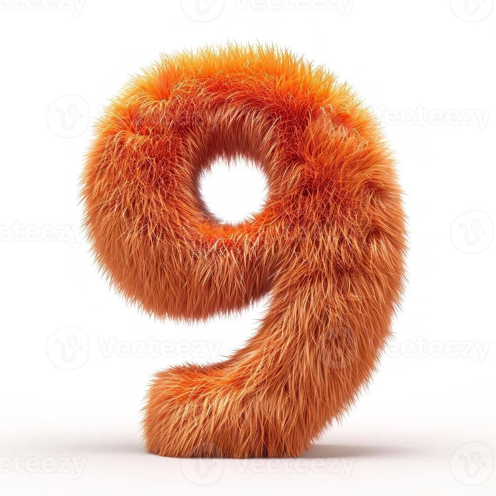 AI generated A vibrant, furry orange number 9 stands out against a pure white backdrop, showcasing its unique fluffy texture and bold color. photo