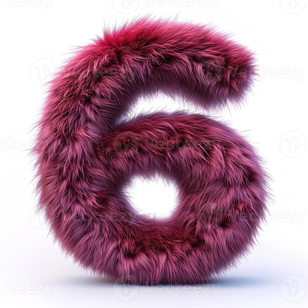 AI generated A unique depiction of the number six covered in lush, red fur, creating a visually striking contrast against a pure white background. photo