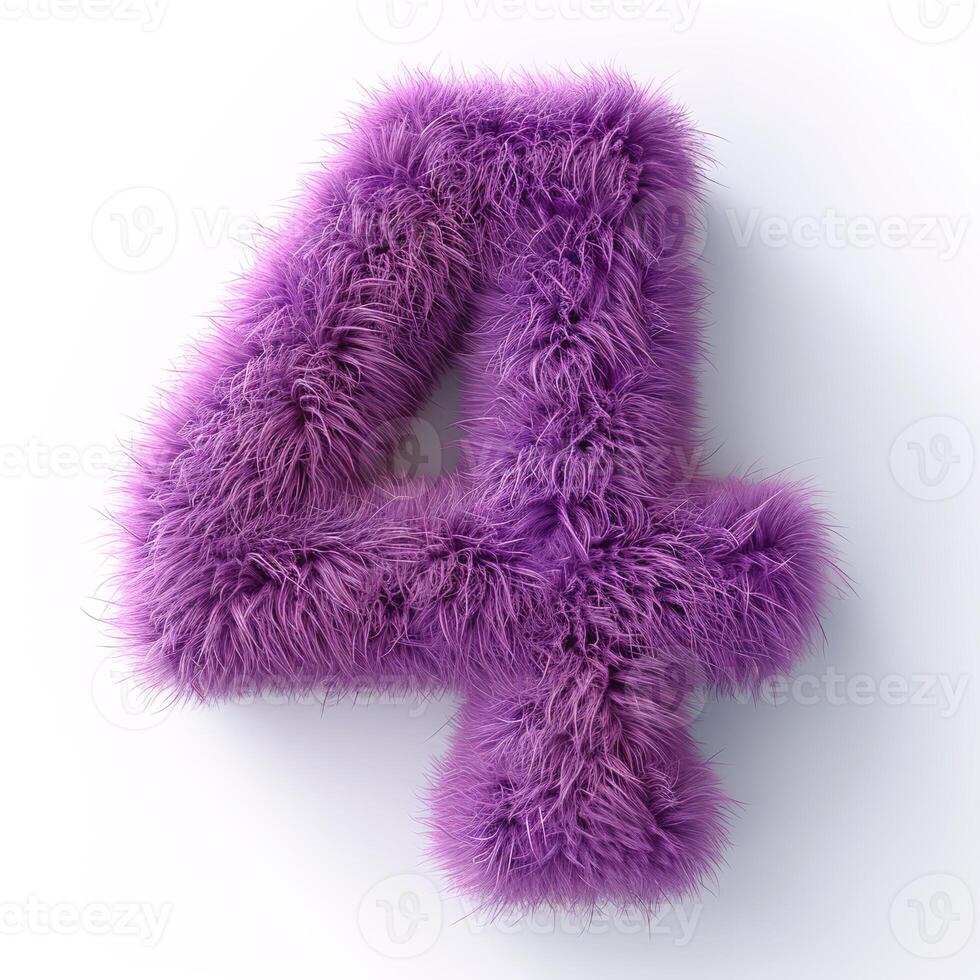 AI generated A unique image showcasing a number four, covered in a vibrant, fluffy, purple texture against a pristine white background. photo