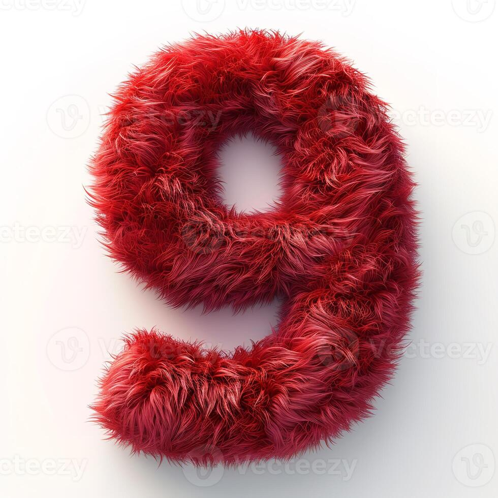 AI generated A vivid red, furry textured number 9 displayed prominently against a pristine white backdrop, showcasing a unique visual aesthetic. photo