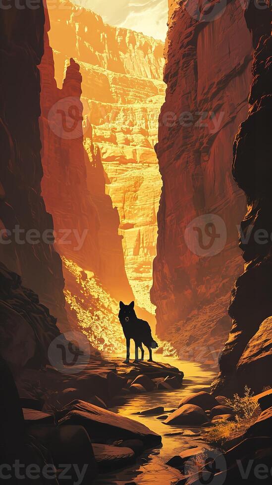 AI generated A lone wolf stands amidst a breathtaking canyon, bathed in the warm glow of sunlight filtering through the towering rocky cliffs. photo