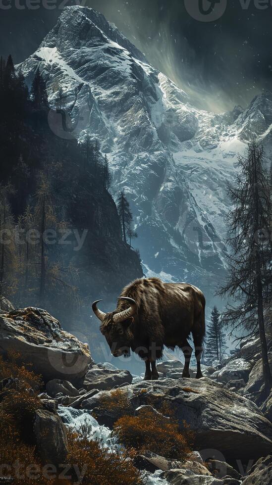 AI generated A solitary yak stands before a towering snow-capped mountain, surrounded by the tranquil beauty of wilderness. photo