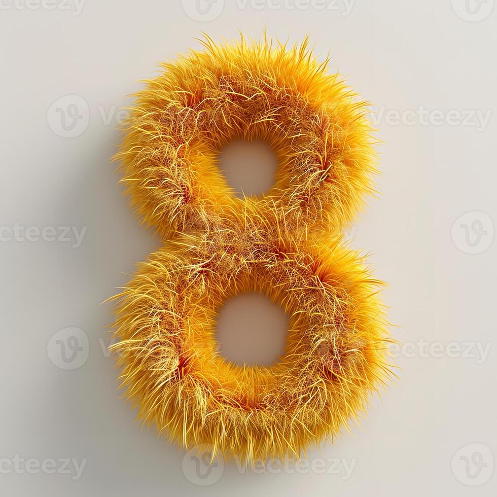 AI generated A unique image showcasing a bright yellow, fuzzy textured number 8 against a clean white backdrop. photo